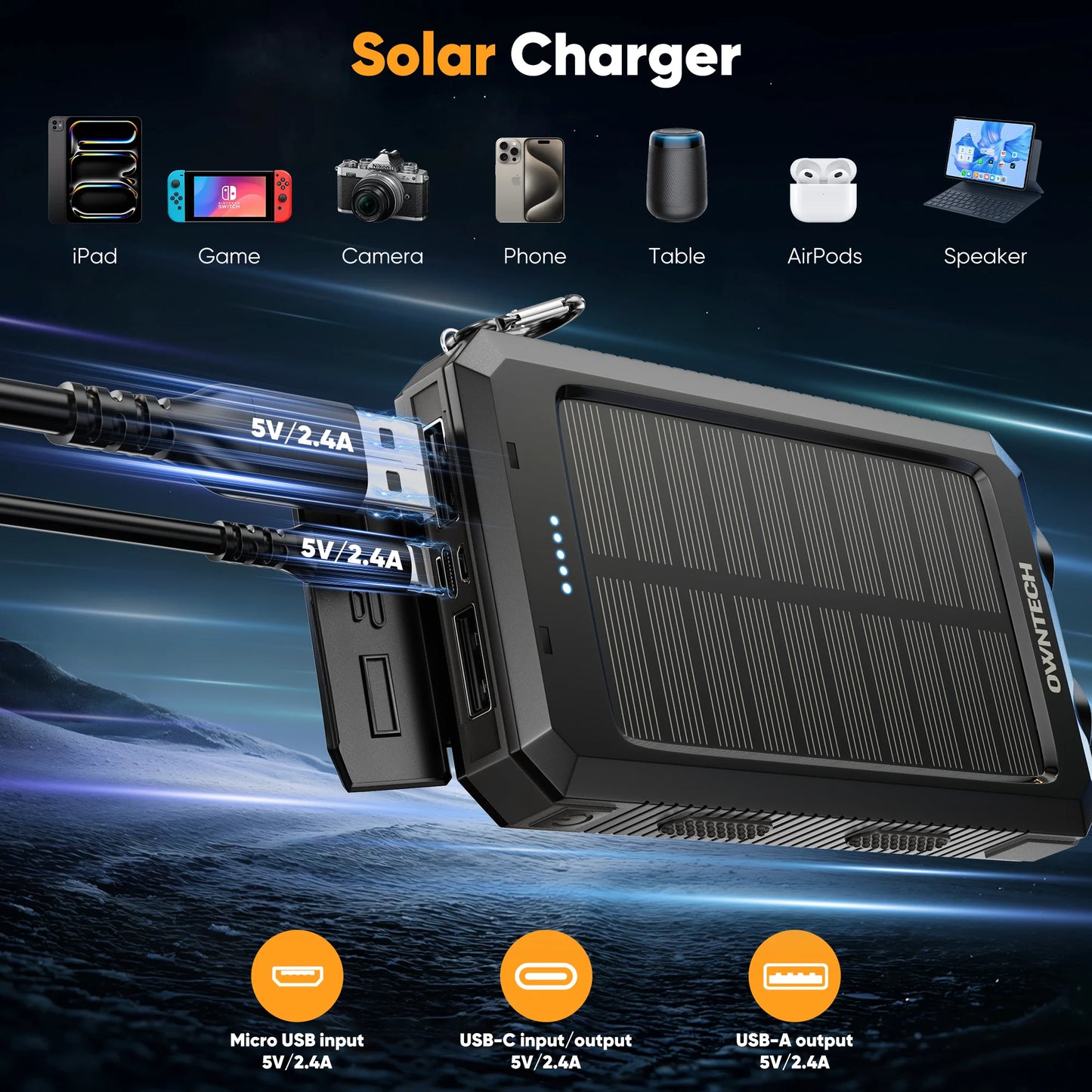 20000Mah Portable Power Bank Solar Charger for Cell Phone and Android, Solar Phone Chargers with Dual 5V USB Ports and 2 Led Flashlight